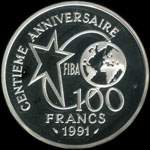Pi�ce de 100 francs 1991 - Centenaire du Basket-Ball 1891-1991 - Fiba - Lancer franc - revers