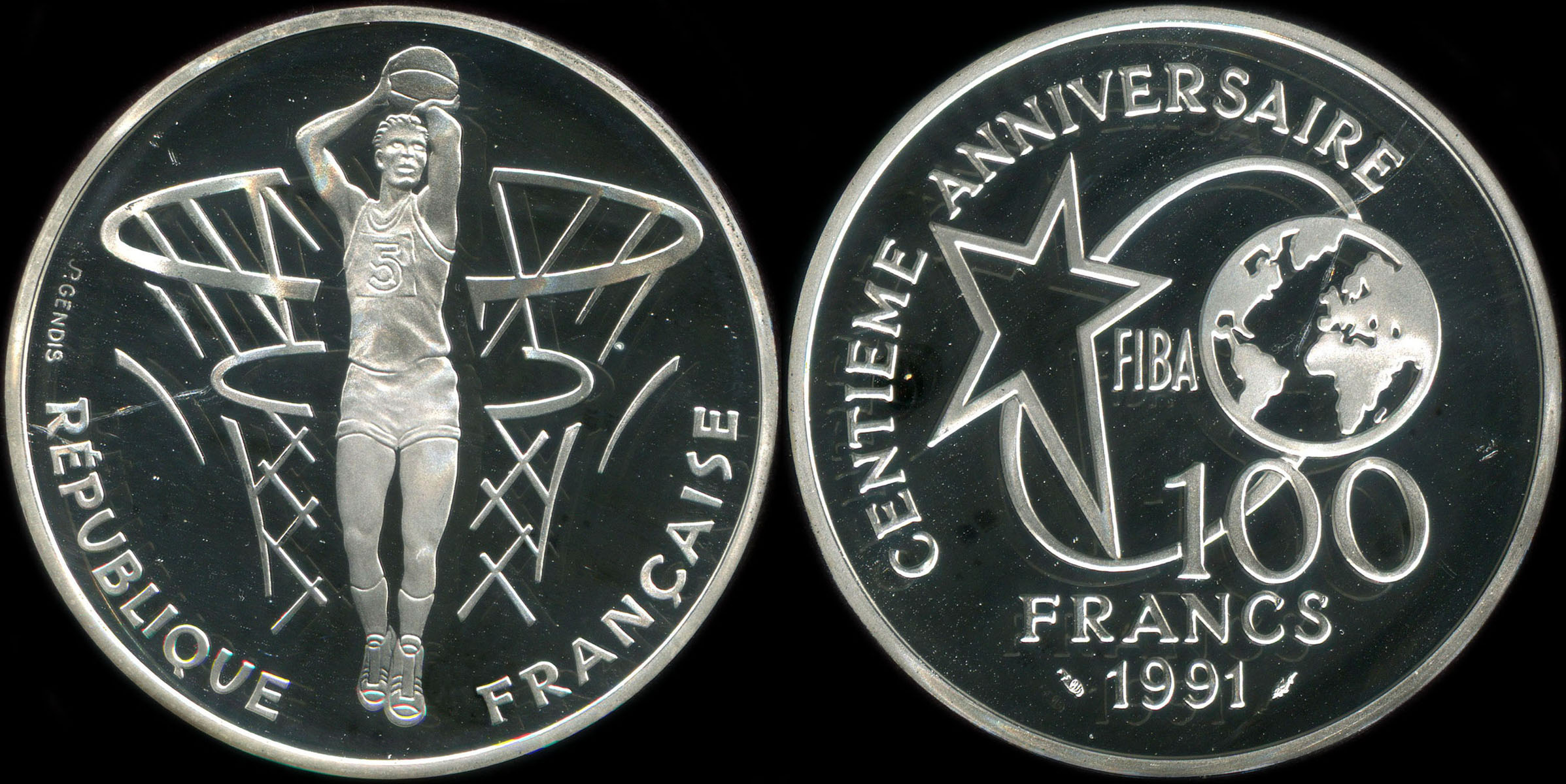 Pice de 100 francs 1991 - Centenaire du Basket-Ball 1891-1991 - Fiba - Lancer franc
