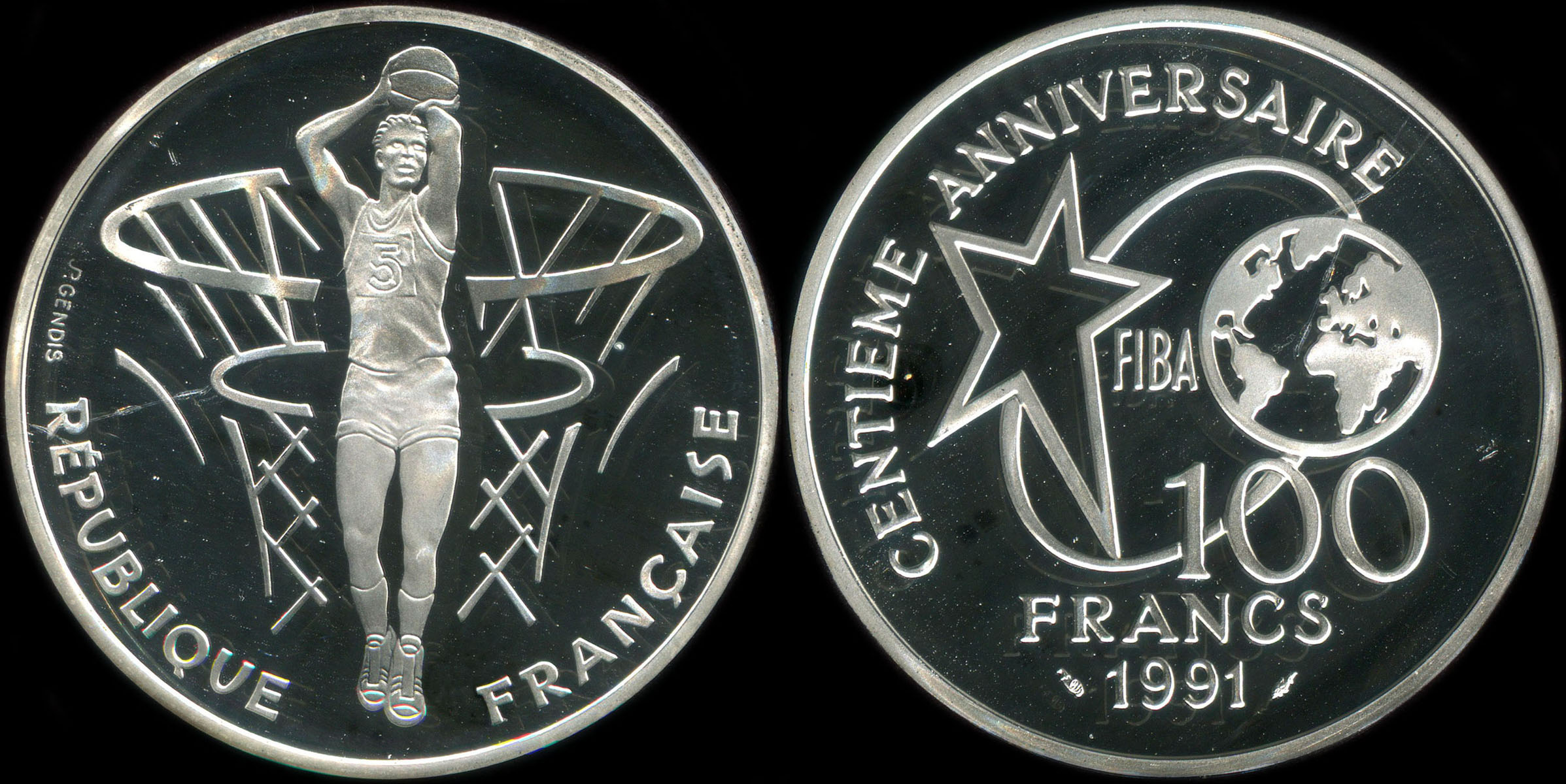 Pi�ce de 100 francs 1991 - Centenaire du Basket-Ball 1891-1991 - Fiba - Lancer franc