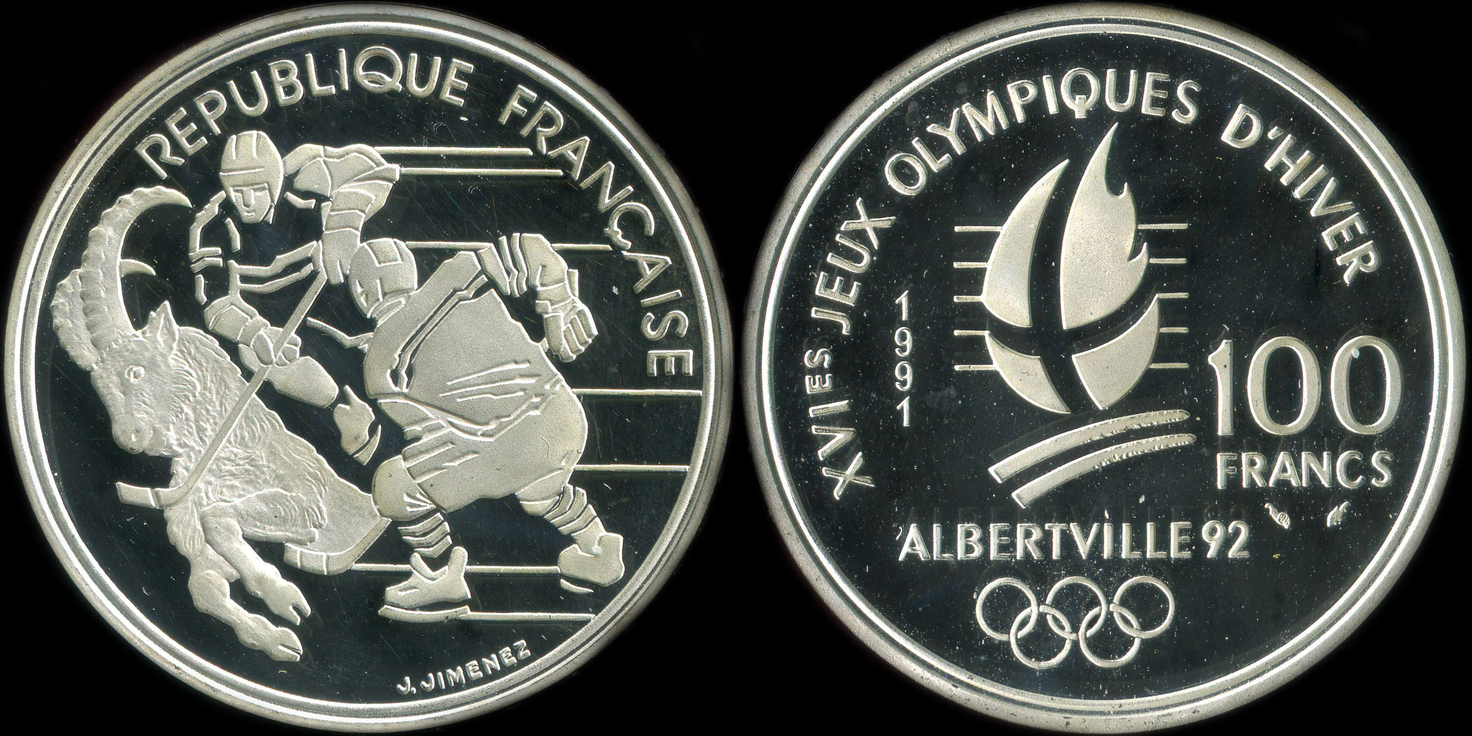 Pi�ce de 100 francs 1991 - XVIes Jeux Olympiques d'Hiver - Albertville 92 - Hockey sur Glace - Bouquetin