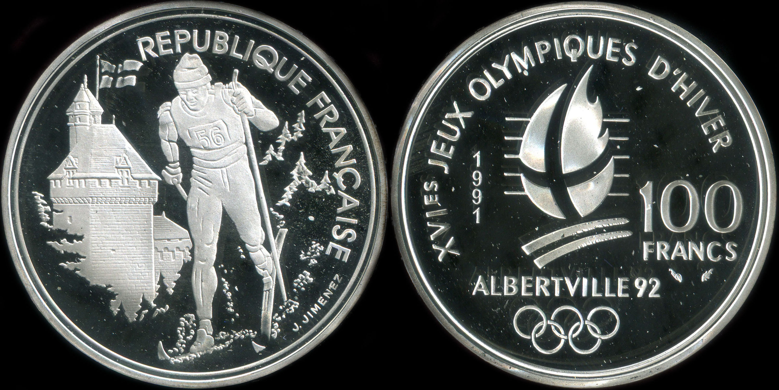 Pièce de 100 francs 1991 - XVIes Jeux Olympiques d'Hiver - Albertville 92 - Ski de Fond - Château des Ducs de Savoie