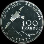 Pi�ce de 100 francs 1992 - Ves Jeux Paralympiques - Tignes - Albertville - Oiseau Disloqu� par Folon - revers