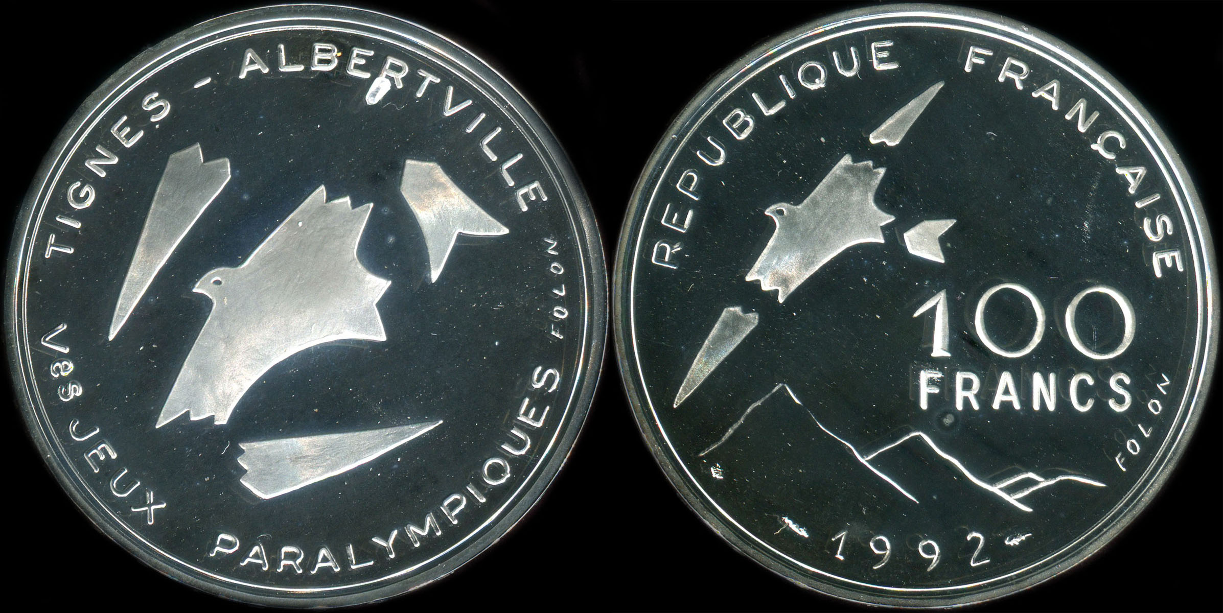 Pièce de 100 francs 1992 - Ves Jeux Paralympiques - Tignes - Albertville - Oiseau Disloqué par Folon