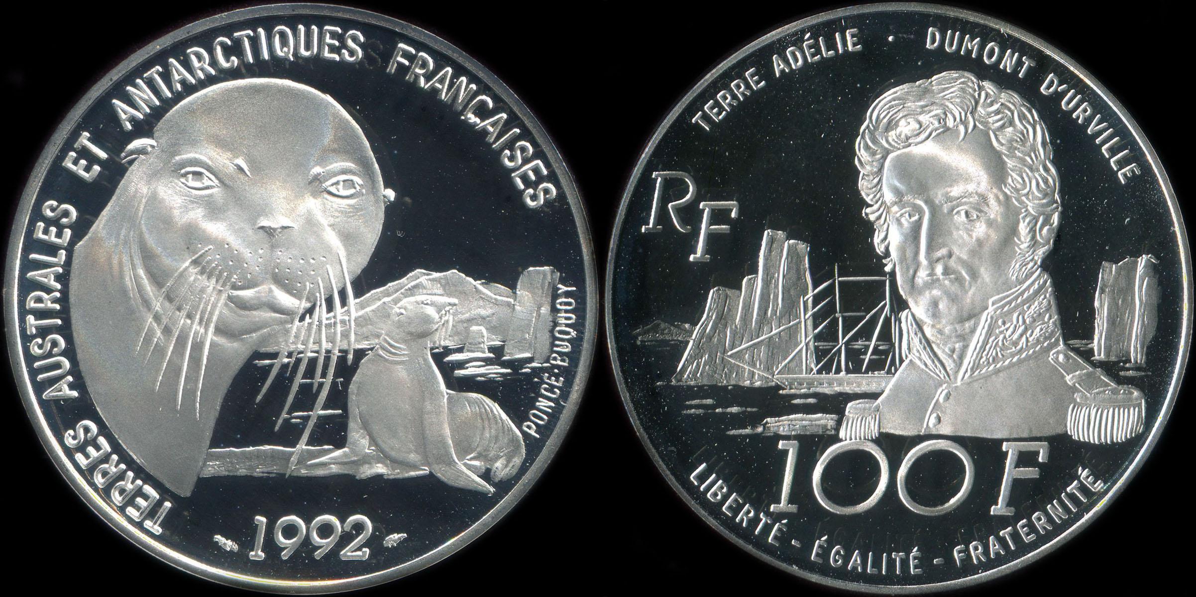 Pièce de 100 francs 1992 - Terres Australes et Antarctiques Françaises - Otarie