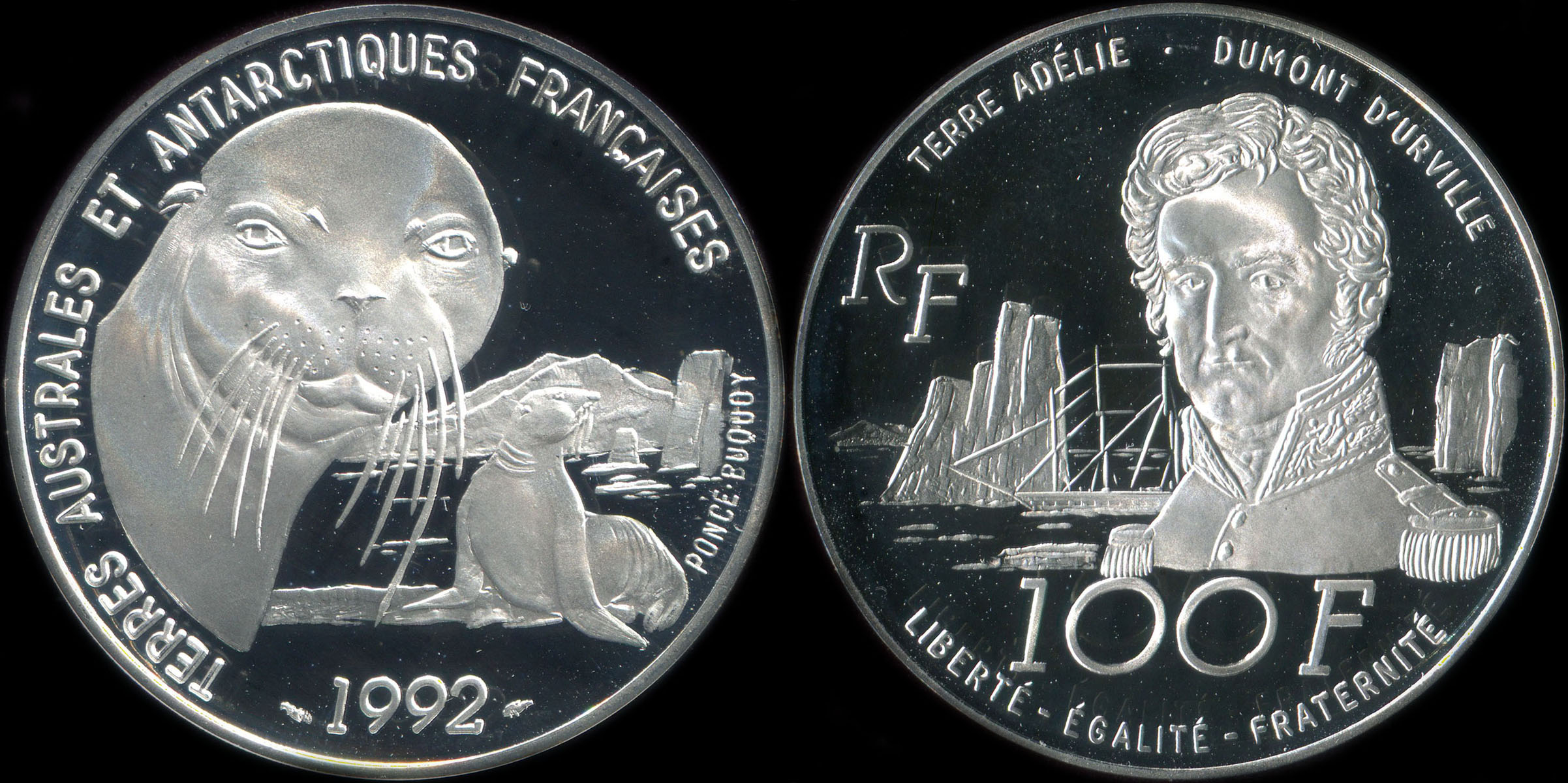 Pi�ce de 100 francs 1992 - Terres Australes et Antarctiques Fran�aises - Otarie