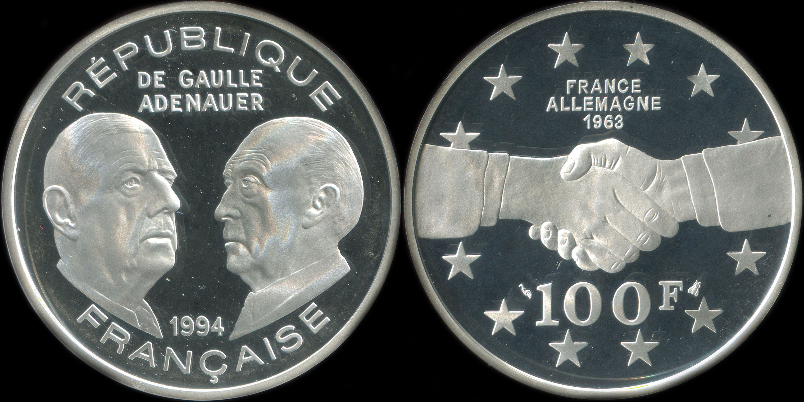 Pièce de 100 francs 1994 - La Liberté retrouvée - De Gaulle/Adenauer