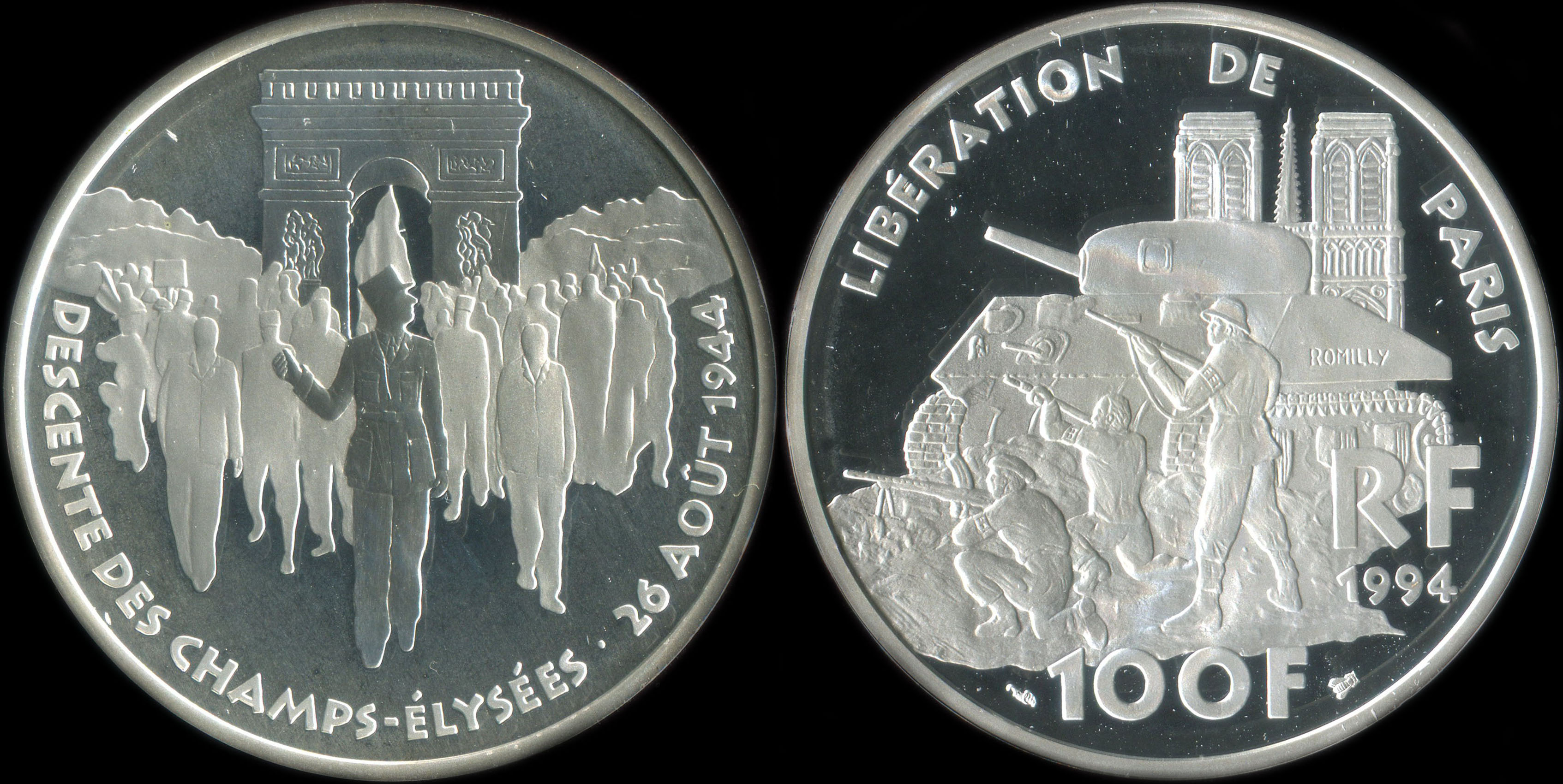 Pièce de 100 francs 1994 - La Liberté retrouvée - Libération de Paris - Descente des Champs-Elysées