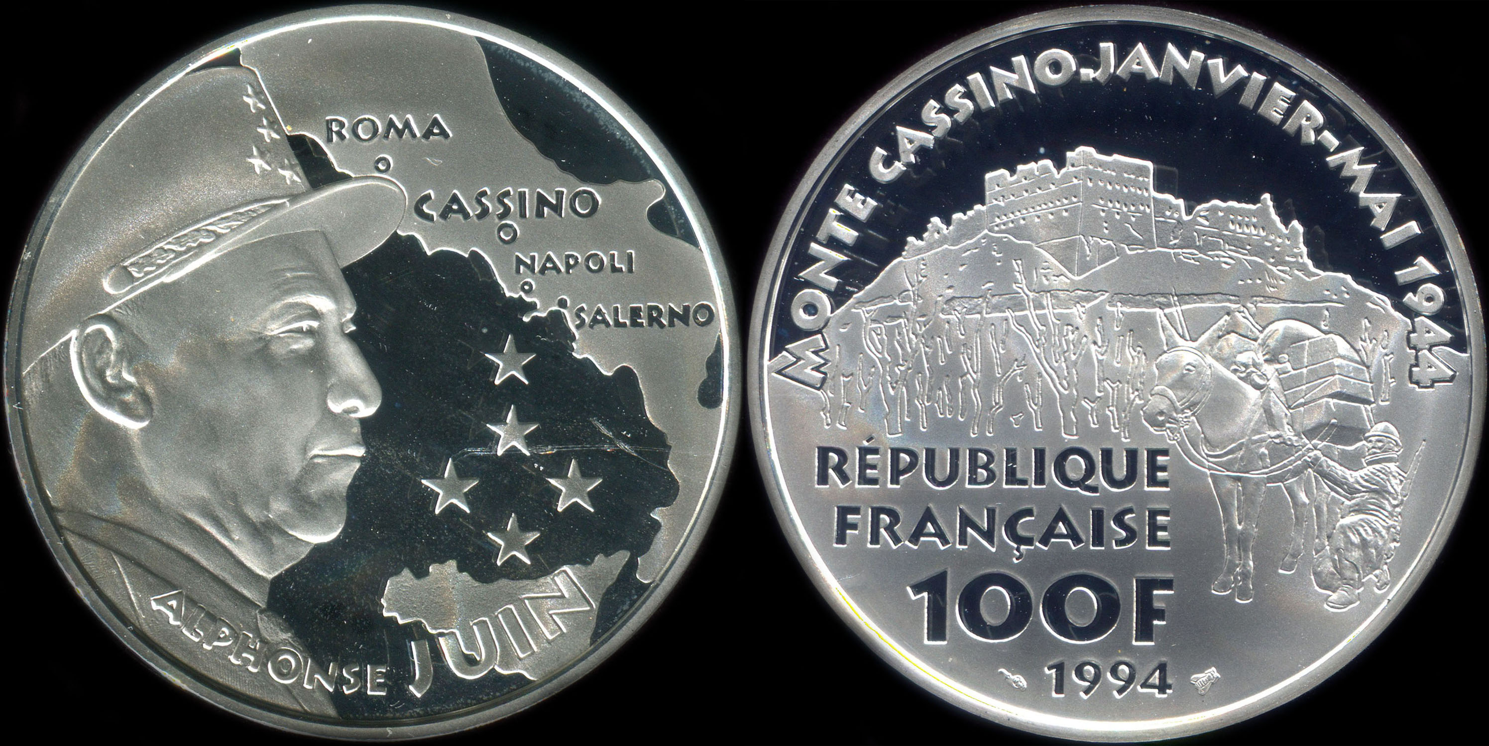 Pice de 100 francs 1994 - La Libert retrouve - Maréchal Juin - Monte Cassino - Janvier-Mai 1944