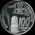 Pi�ce de 100 francs 1994 - La Libert� retrouv�e - Sainte-M�re-�glise - revers