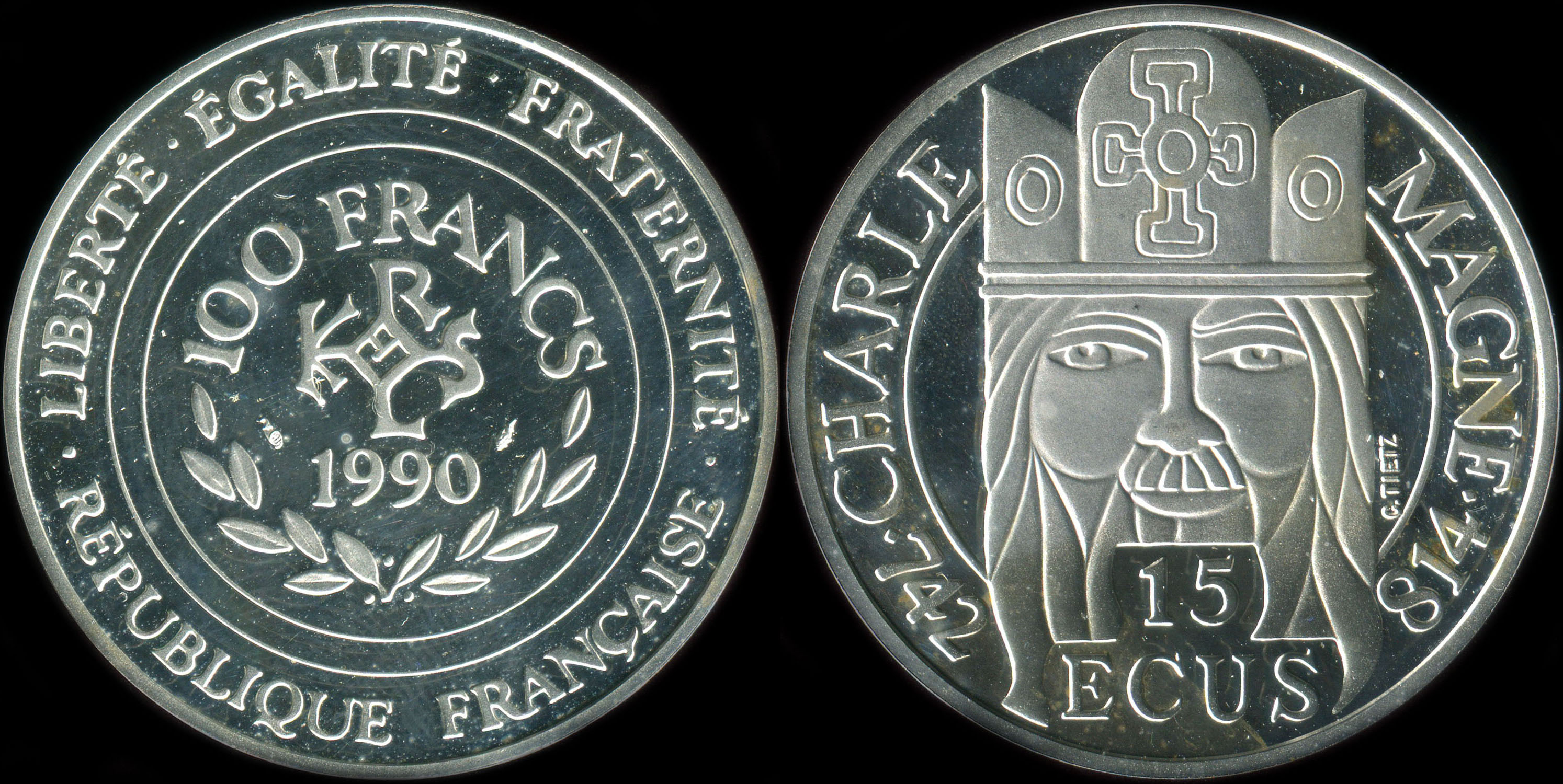 Pice de 100 francs - 15 ecus 1990 - Charlemagne 742-814