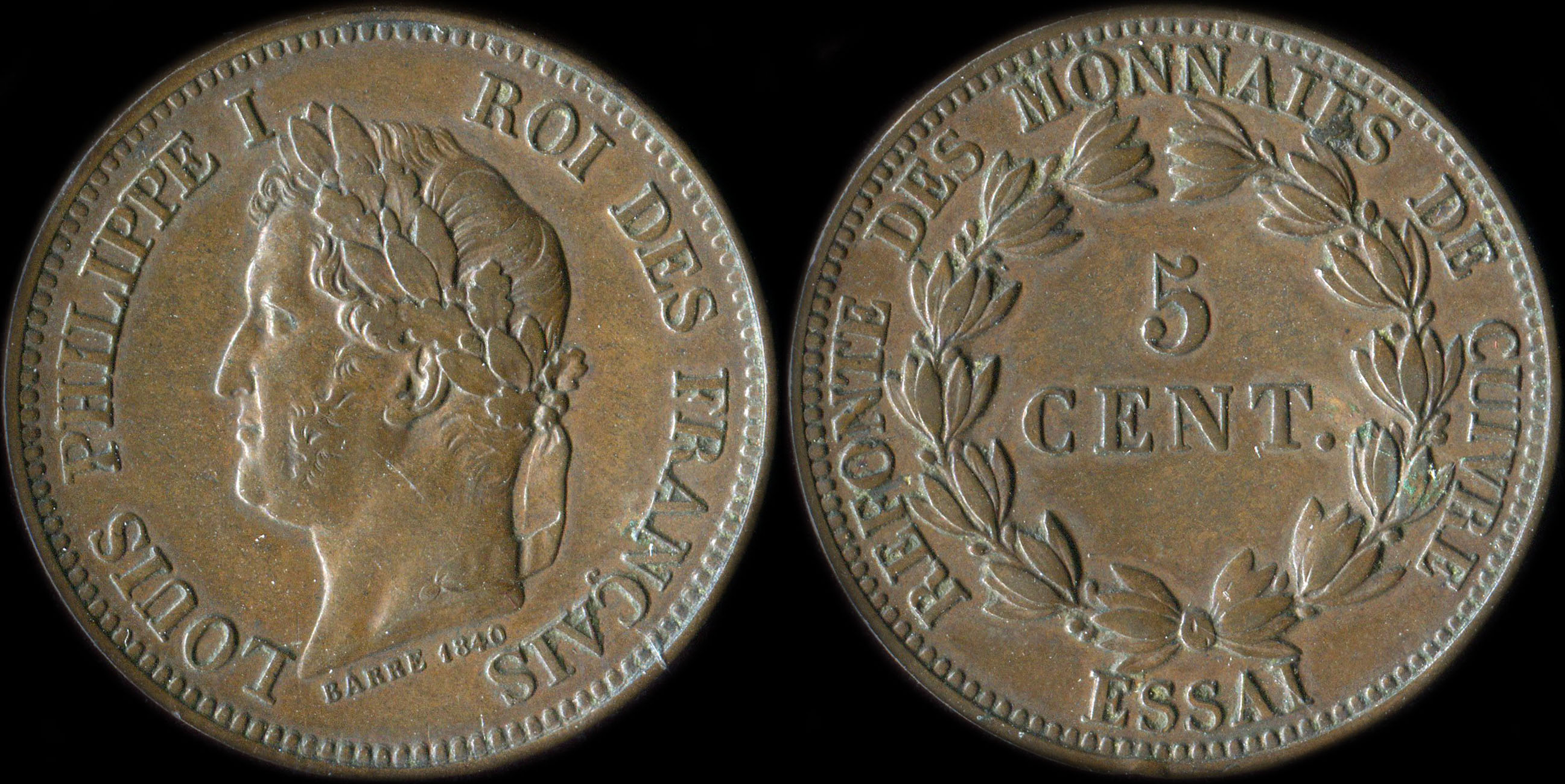 Pice d'essai Louis Philippe I - Roi des franais - Refonte des monnaies de cuivre -  5 cent. 1840 - Cuivre - 7,40 grammes - 27,5 mm - tranche lisse - graveur: Barre