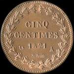 Pi�ce de 5 centimes 1821A - Louis XVIII - Roi de France - essai de Tiolier - cuivre - revers