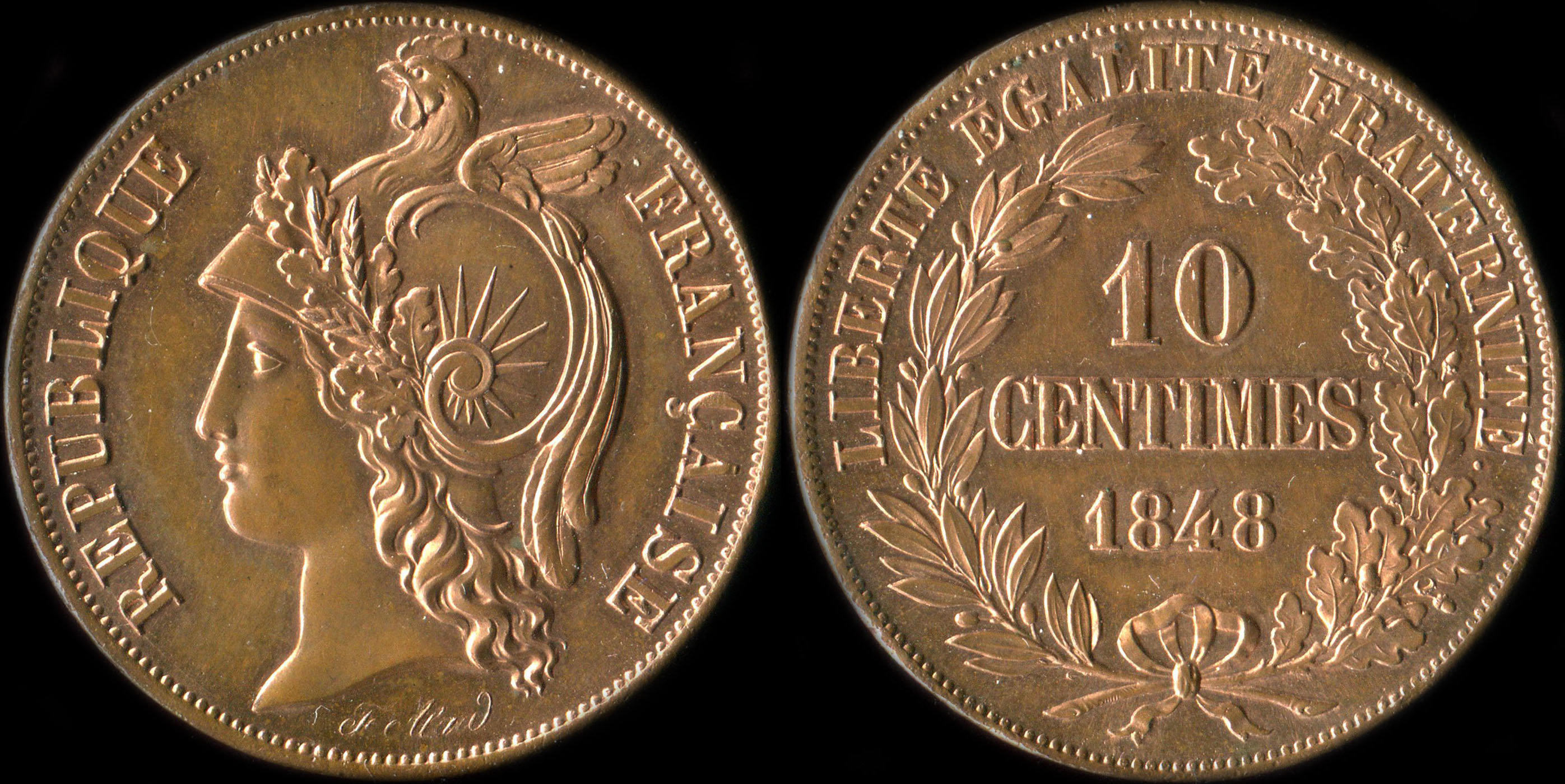 Pièce de 10 centimes 1848 - Concours de Alard - cuivre type de revers A