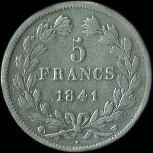 Fausse pi�ce de 5 francs Louis-Philippe I t�te laur�e 1841W - revers