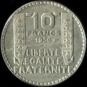 Fausse pi�ce de 10 francs Turin argent 1936 - revers