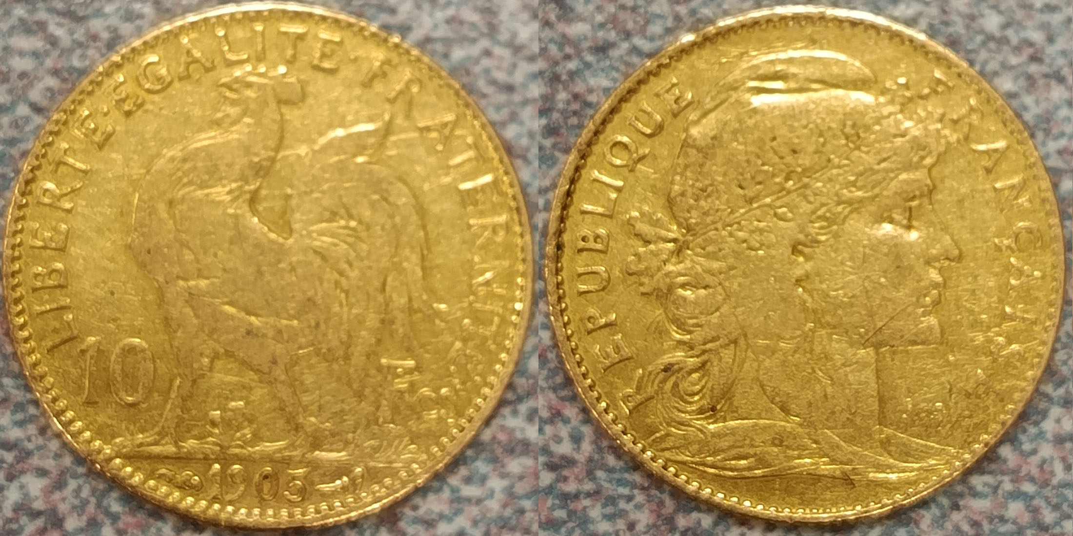 A vendre pi�ce en or 10&nbsp;francs Coq/Marianne de 1905 bon �tat, 430&nbsp;euros prix net vendeur. Remise en main propre sur&nbsp;Colmar. jhcolmar2004@yahoo.fr