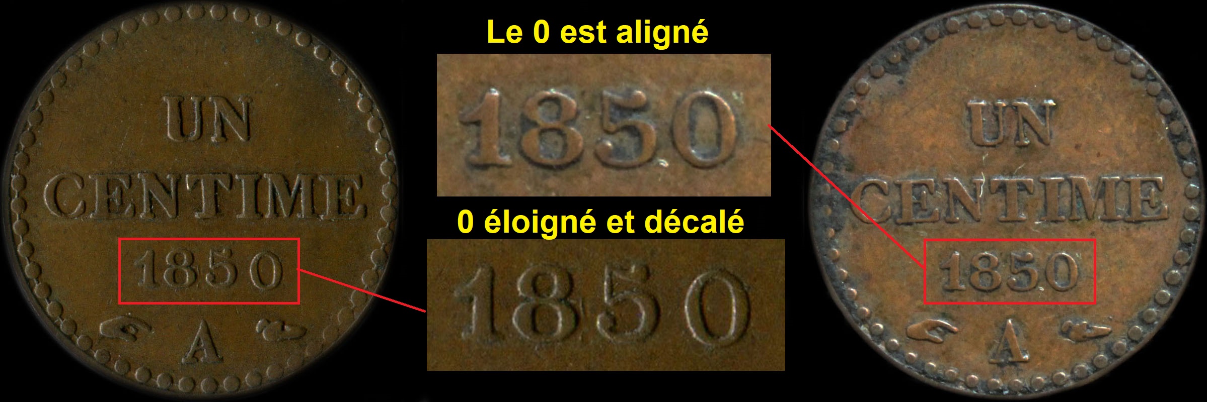 Variante 0 plus bas et éloigné sur 1 centime Dupré 1850A