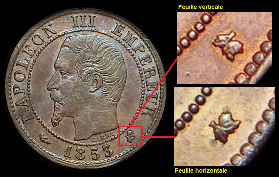 Variante feuille horizontale ou verticale de 1 centimes 1853K Napol�on III t�te nue