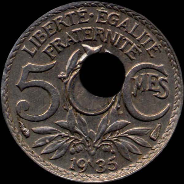 5 centimes Lindauer 1936 avec trou d�centr� - revers