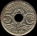 Revers pièce 5 centimes Lindauer .1939.