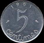Revers pièce 5 centimes Epi 1961