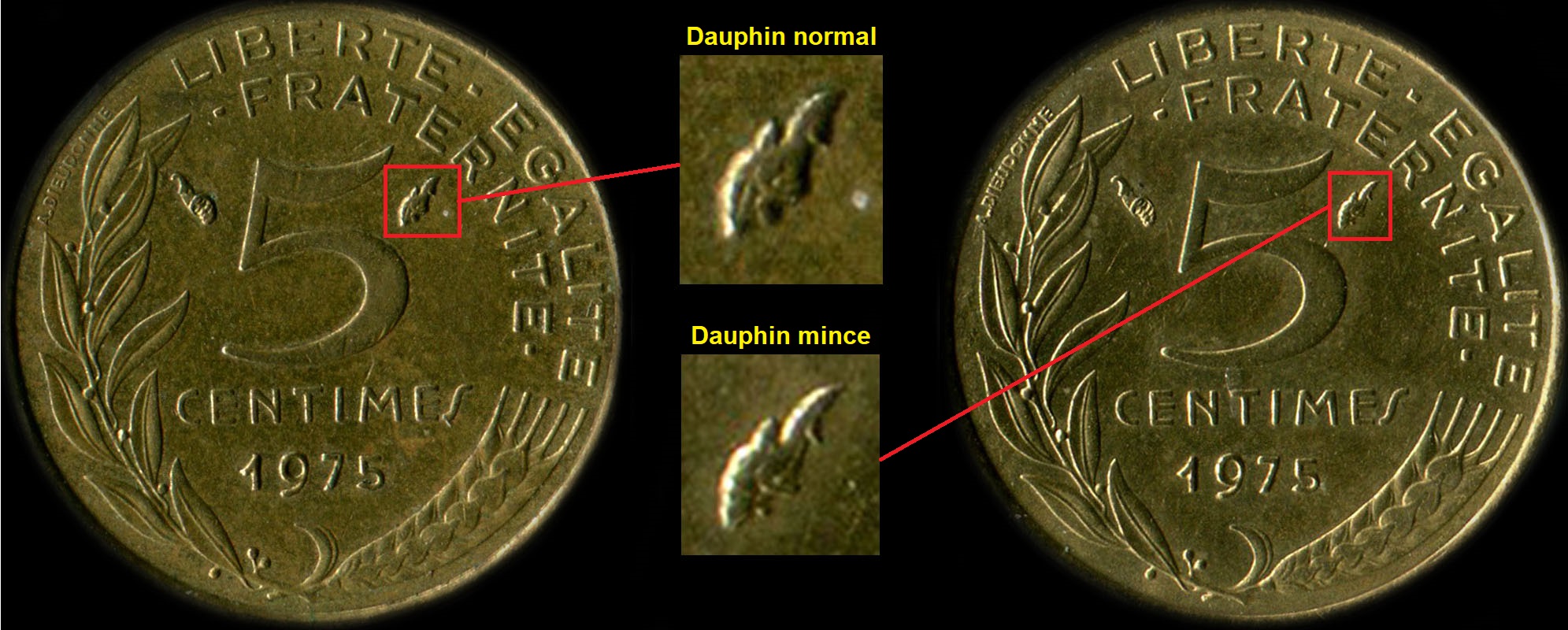 Variante dauphin normal / dauphin mince sur 5 centimes Marianne 1975