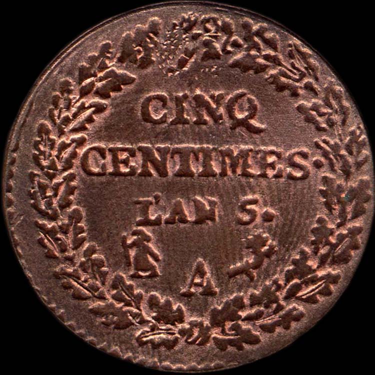 Fausse 5 centimes An 5 A en cuivre - revers