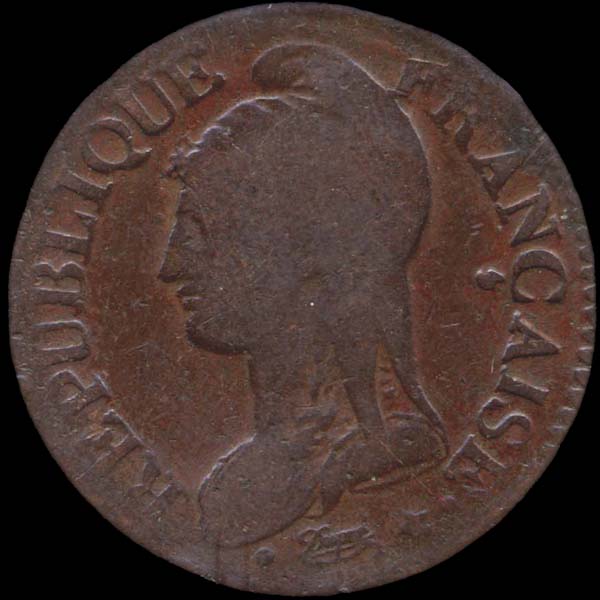 Avers 5 centimes An 6 BB regrav� sur an 5 BB, tr�s rare