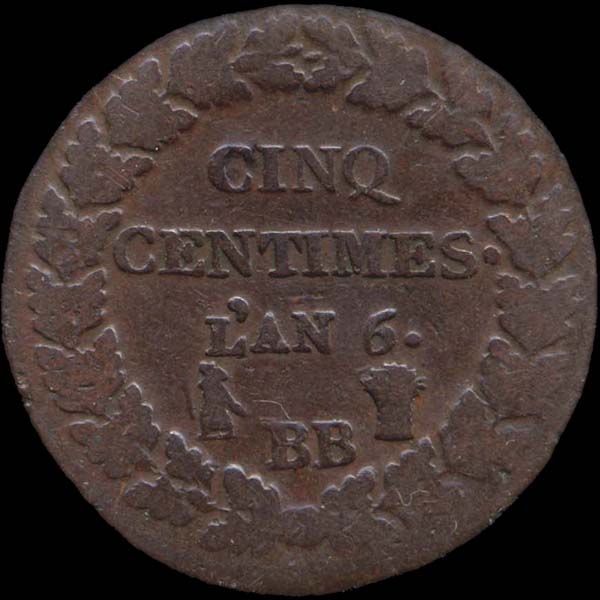 Revers 5 centimes An 6 BB regrav� sur an 5 BB, tr�s rare