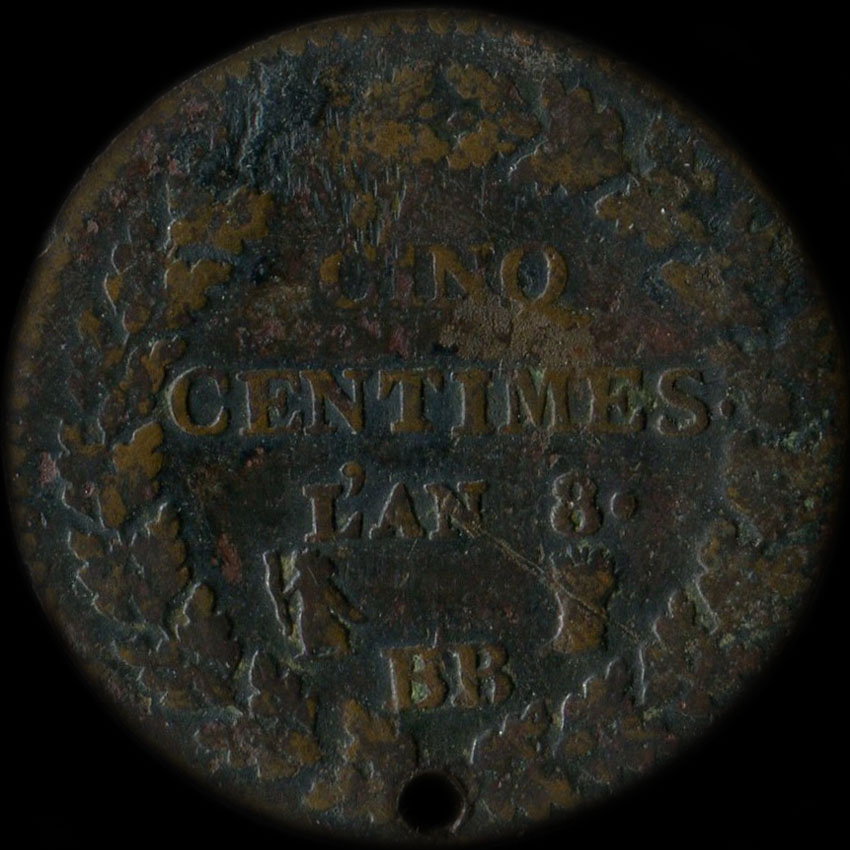 Revers de 5 centimes An 8 BB sur An 8 A trou�