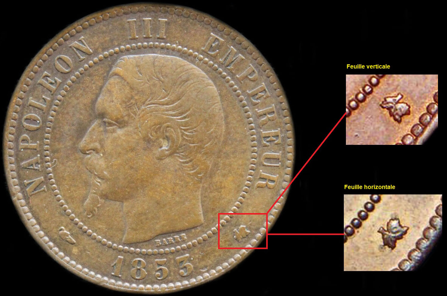 Variante feuille horizontale ou verticale de 10 centimes 1853K Napol�on III t�te nue