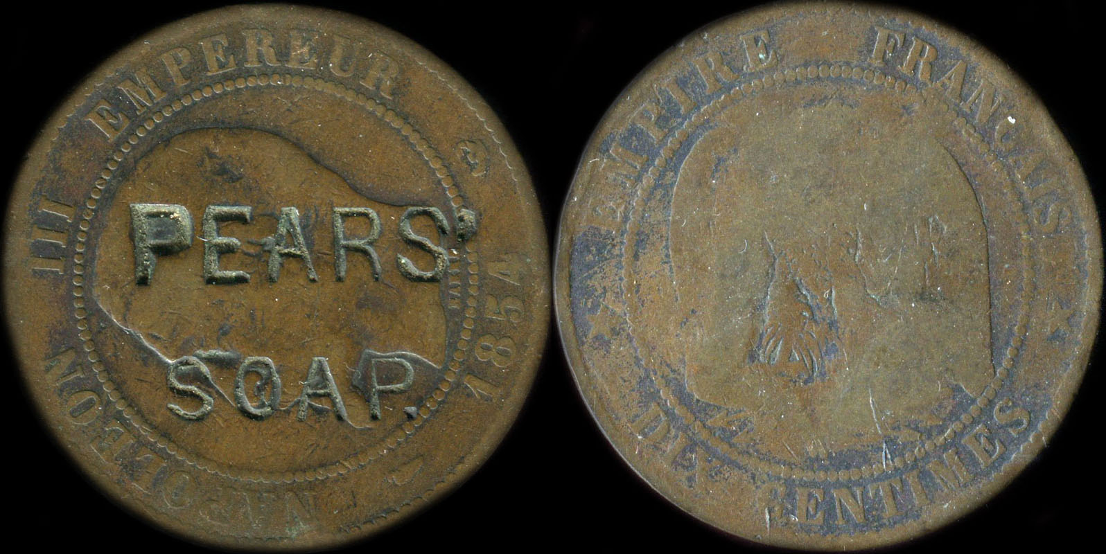 10 centimes Napoléon III 1854W tête nue avec surfrappe Pears' Soap
