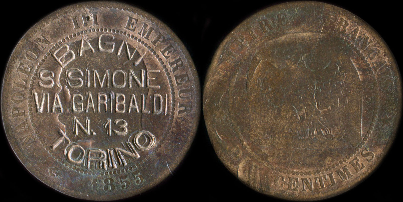 10 centimes Napol�on III 1855 t�te nue avec surfrappe Bagni S.Simone via Garibaldi N.13 Torino