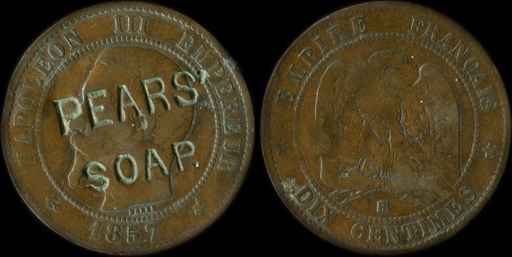 10 centimes Napoléon III 1857BB tête nue avec contremarque Pears' Soap