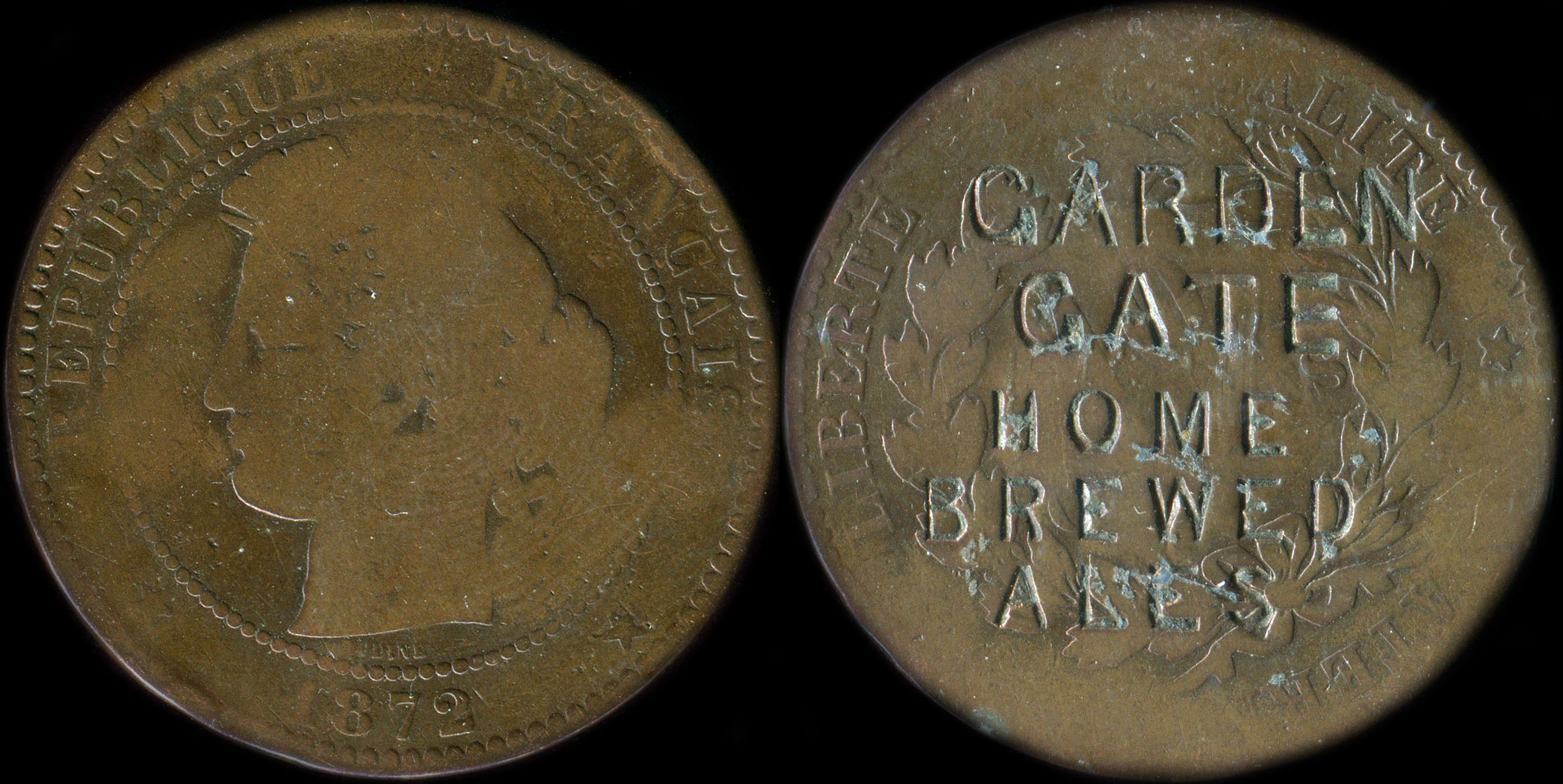 10 centimes C&eacute;r&egrave;s 1872 avec surfrappe Garden Gate Home Brewed Ales
