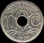 Pièce de 10 centimes à trou .1938. Lindauer - R F - revers