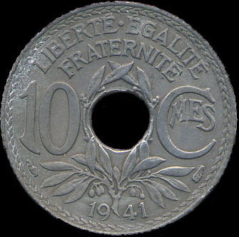 10 centimes Lindauer 1941 type A; pas de points autour de la date et pas de soulignement sous les MES de centimes