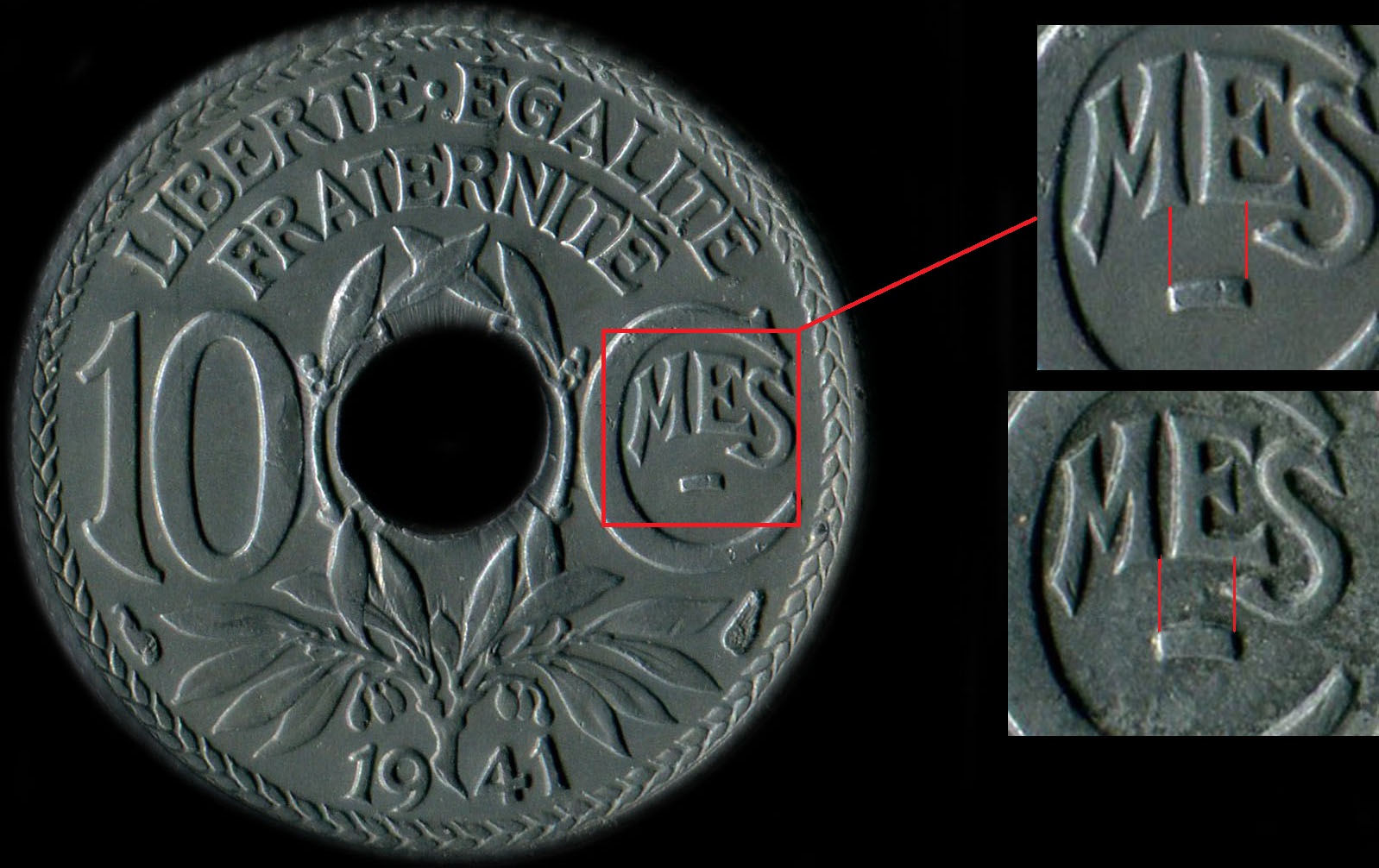 Variante d'alignement du trait de 10 centimes 1941 Lindauer en zinc
