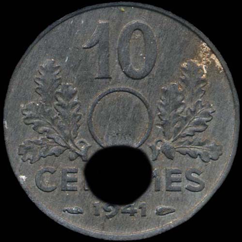 10 centimes 1941 avec trou d�cal� - revers