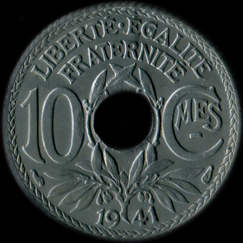 10 centimes Lindauer 1941 type B; pas de points autour de la date mais soulignement sous le MES de centimes