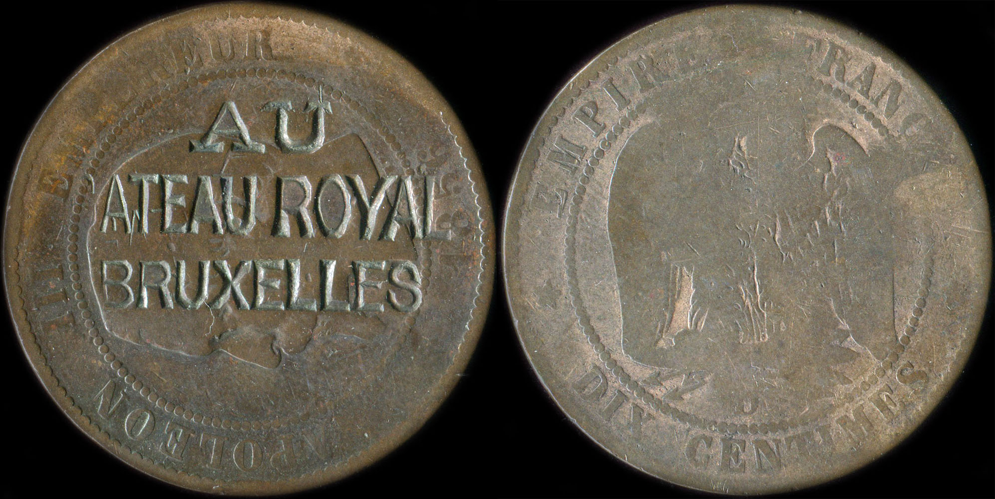 10 centimes Napol�on III t�te nue avec surfrappe Au Ch�teau Royal Bruxelles