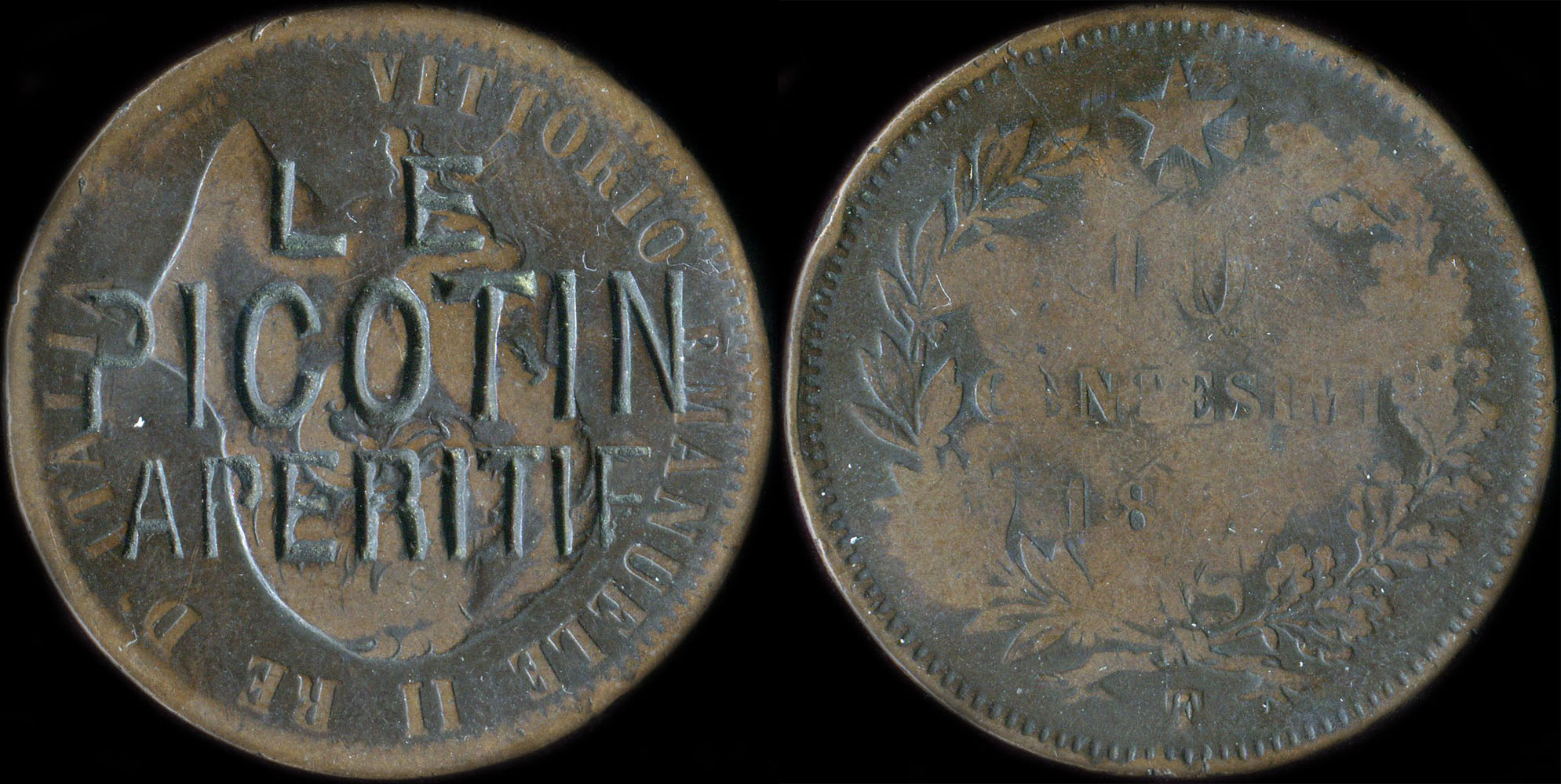 10 centesimi Vittorio Emanuele II avec surfrappe Le Picotin ap�ritif