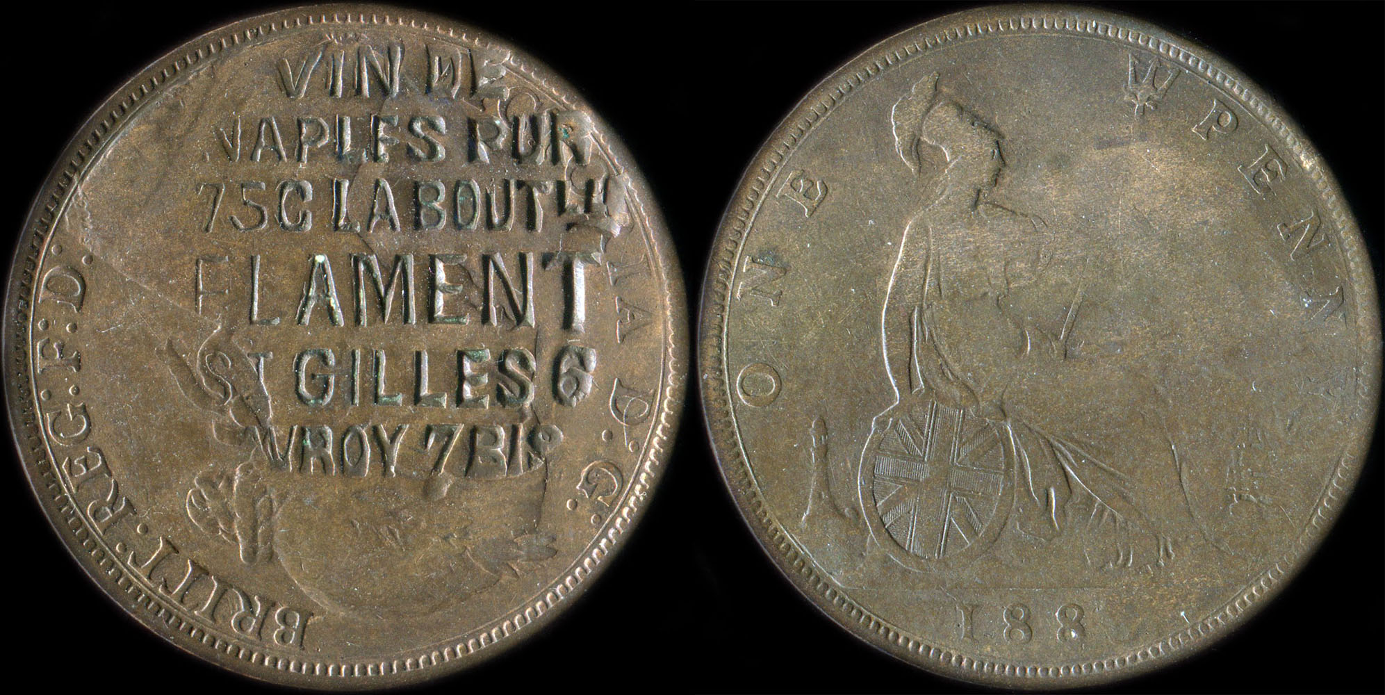 1 penny reine Victoria avec surfrappe Vin de Naples pur 75 c. la bouteille - Flament - Saint-Gilles 6 Avroy 7 Bis (Belgique)