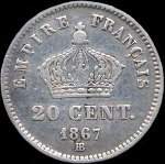 Pièce de 20 centimes Napoléon III Empereur tête laurée - 1867BB - revers