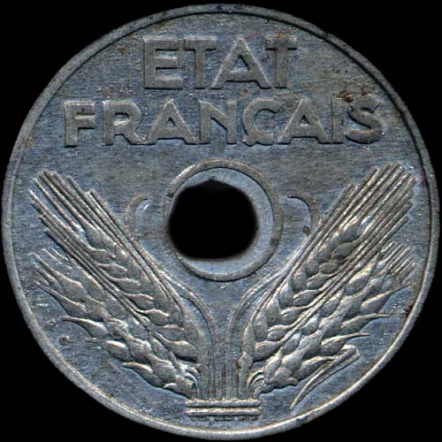 Variante de la pi�ce de 20 / VINGT centimes 1941 avec petit trou - avers