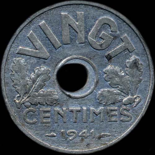 Variante de la pi�ce de 20 / VINGT centimes 1941 avec petit trou - revers