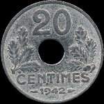 Pièce de 20 centimes à trou Etat Français - 1942 - revers