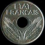 Pièce de 20 centimes à trou Etat Français type 20 en fer - 1944 - avers