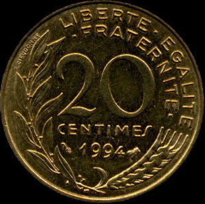 Variante de la pièce de 20 centimes 1994 avec abeille