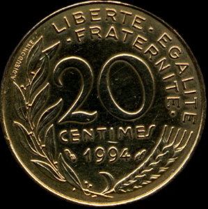 Variante de la pièce de 20 centimes 1994 avec dauphin